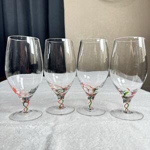4- VTG Lenox‎ Holiday Ribbon All Purpose Beverage Glass Red Green Twisted Stem